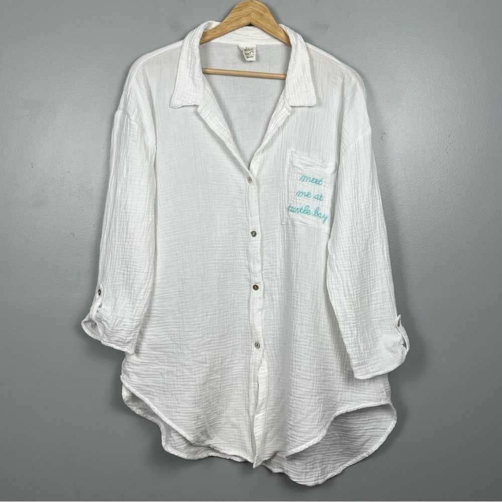 Golden Sun white Good Vibes Cotton Gauze Shirt embroidered pocket, medium/large.
